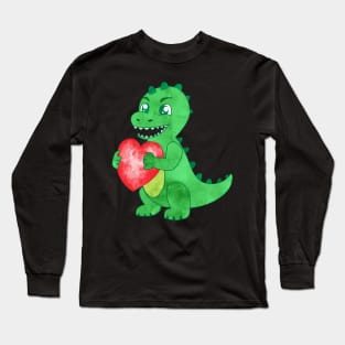 Watercolor Green Dinosaur Hold Heart Valentine Long Sleeve T-Shirt